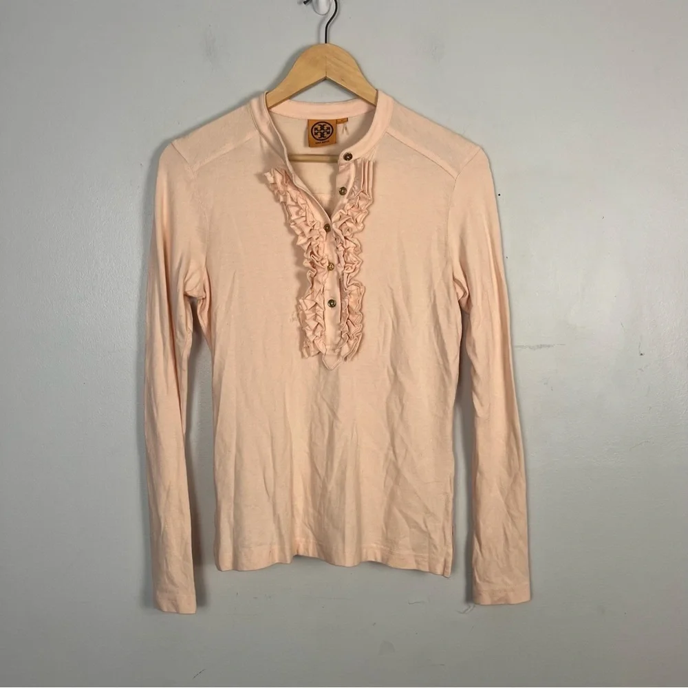 Tory Burch Lidia Long Sleeve Ruffle Polo Shirt Top Pale Pink Gold buttons size S